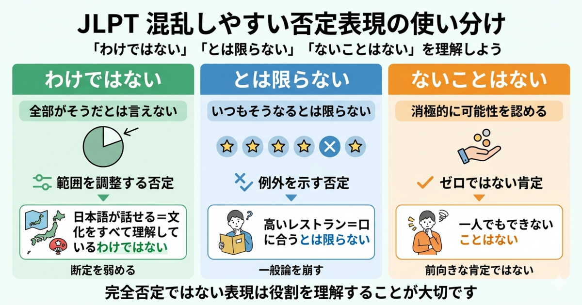JLPTで混乱しやすい否定表現まとめ 「わけではない」「とは限らない」「ないことはない」