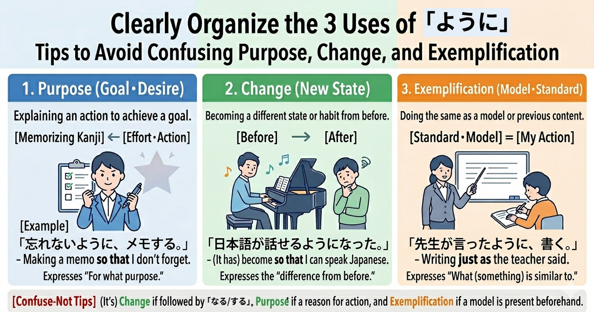 Three Uses of 「ように」: How Not to Confuse Purpose, Change, and Examples