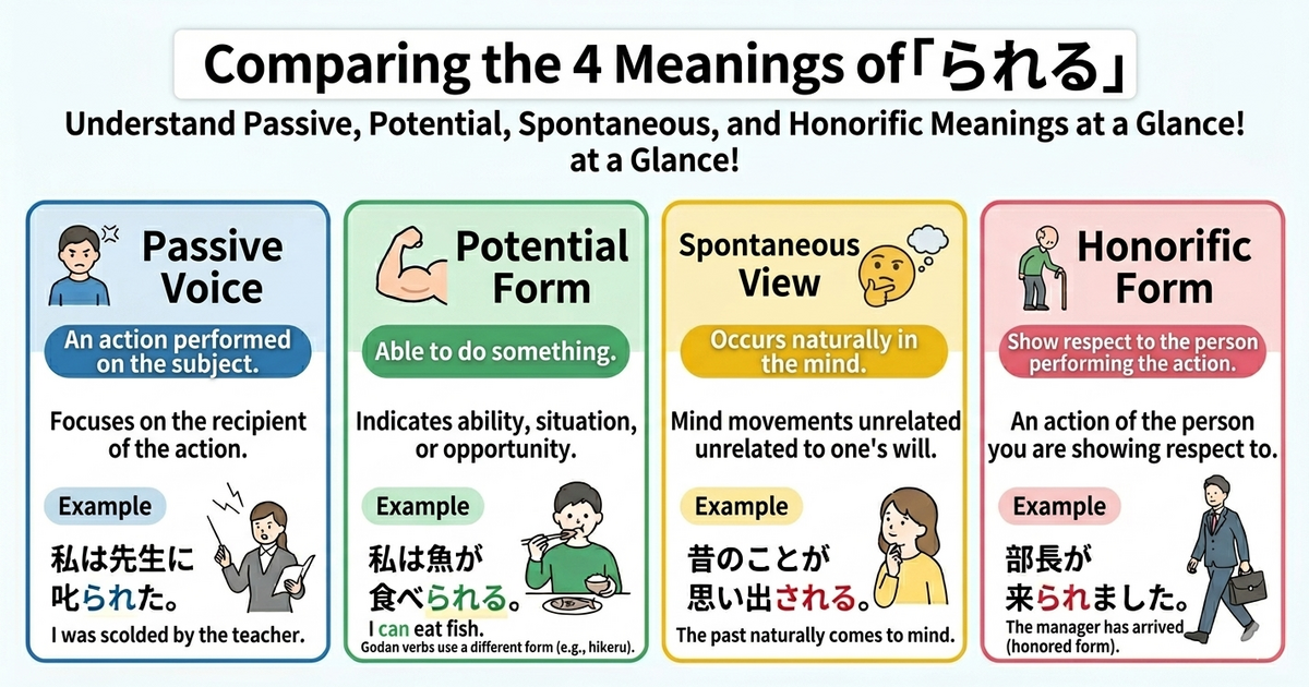 How Can You Tell the Four Meanings of 「られる」 Apart? Passive, Potential, Spontaneous, and Honorific Explained