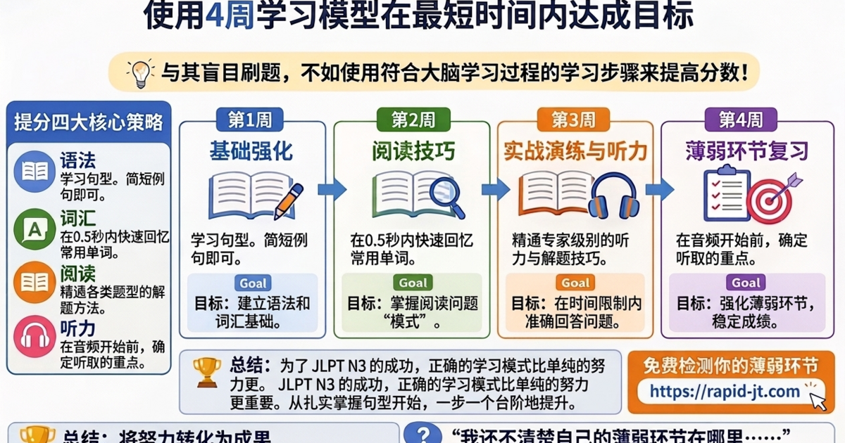 【JPT N3】通往合格的捷径是告别"只刷题"。4周学习模型助你最快出成绩