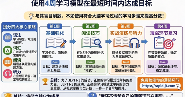 【JPT N3】通往合格的捷径是告别"只刷题"。4周学习模型助你最快出成绩