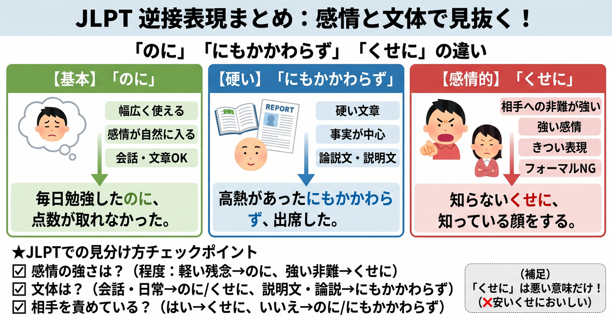 JLPT中容易混淆的逆接表达总结：“のに”“にもかかわらず”“くせに”有什么区别？