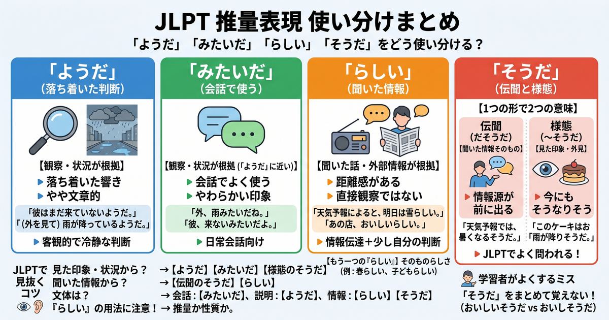JLPTでよく迷う推量表現まとめ 「ようだ」「みたいだ」「らしい」「そうだ」をどう使い分ける？