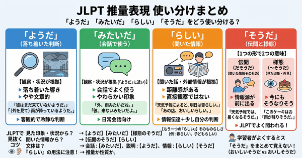 JLPTでよく迷う推量表現まとめ 「ようだ」「みたいだ」「らしい」「そうだ」をどう使い分ける？
