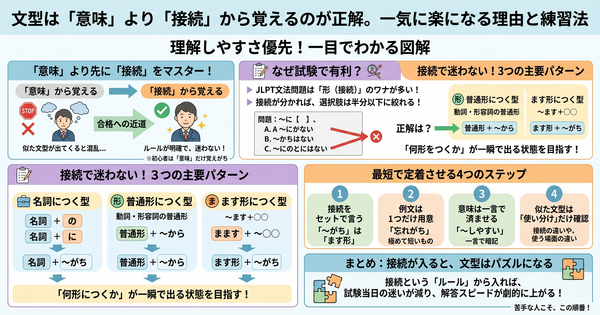 语法句型应该先记"接续"而非"意思"，这才是正确方法。轻松掌握的理由与练习法