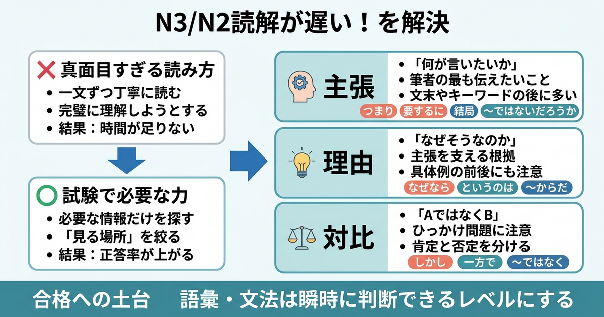 N3/N2読解が遅いのは「真面目すぎる」から。3つのポイントに絞れば正答率は上がる