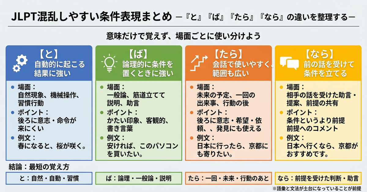 JLPT中容易混淆的条件表达总结：整理「と」「ば」「たら」「なら」的区别
