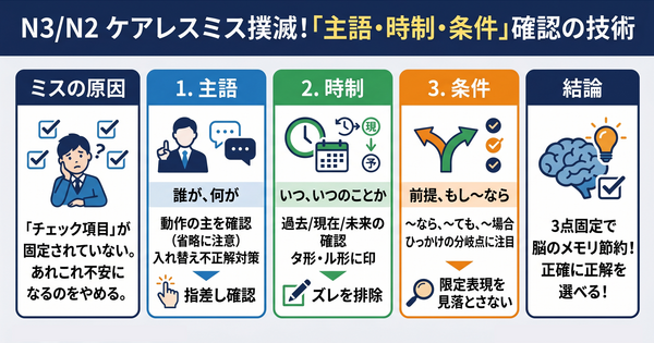 N3/N2でケアレスミスが減らない人へ。「主語・時制・条件」を絞って確認する技術