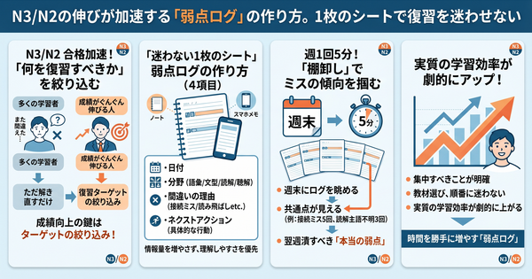 N3/N2の伸びが加速する「弱点ログ」の作り方。1枚のシートで復習を迷わせない