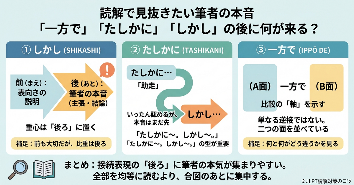 Reading the Author’s Real Intention in JLPT Passages: What Comes After 「一方で」(on the other hand), 「たしかに」(it is true that), and 「しかし」(however)?