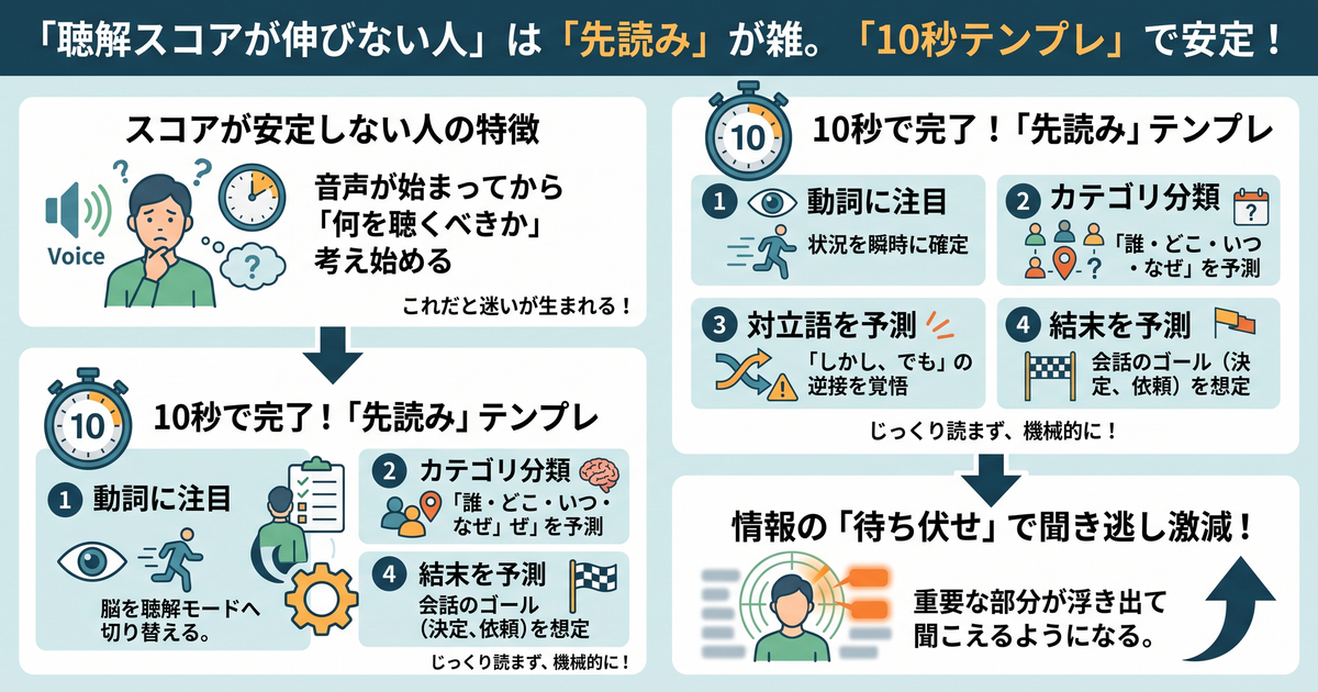 聴解の点が伸びない人は「先読み」が雑。10秒テンプレで安定する