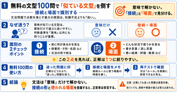 無料の文型100問で「似ている文型」を倒す。接続と場面で識別する