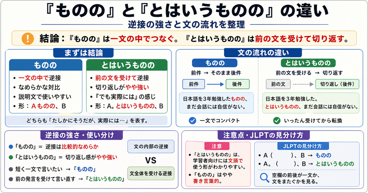 「ものの」と「とはいうものの」の違いは?逆接の強さと文の流れを整理 - Rapid Japanese Training