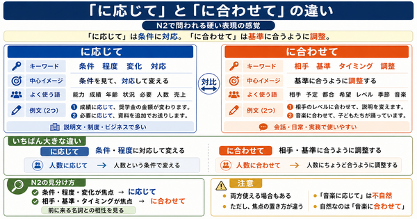 「に応じて」和「に合わせて」有什么区别？理解 N2 中常考的正式表达感觉
