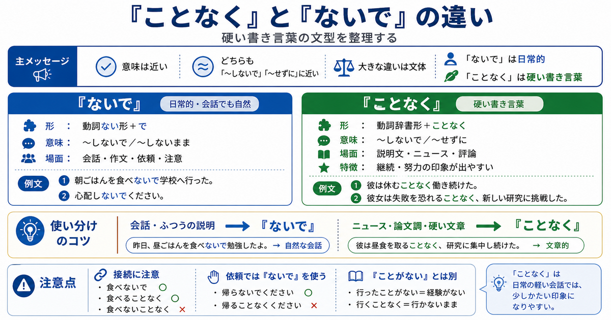 「ことなく」和「ないで」有什么区别？整理硬书面语中的日语表达