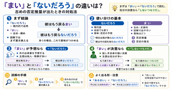「まい」和「ないだろう」有什么区别？遇到较旧的否定推量时该怎么理解？