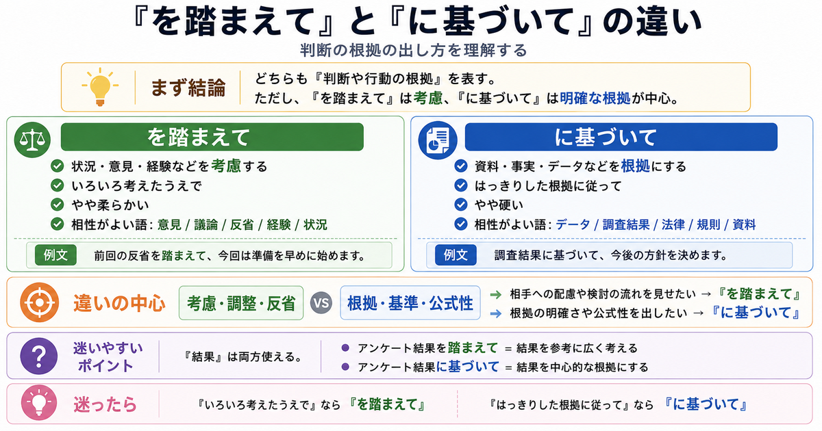 「を踏まえて」和「に基づいて」有什么区别？理解日语中“判断依据”的表达方式