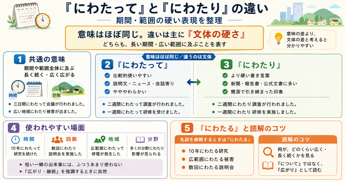 「にわたって」和「にわたり」有什么区别？整理表示期间和范围的正式表达