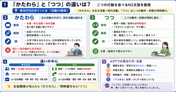 「かたわら」と「つつ」の違いは？二つの行動を並べるN2文型を整理