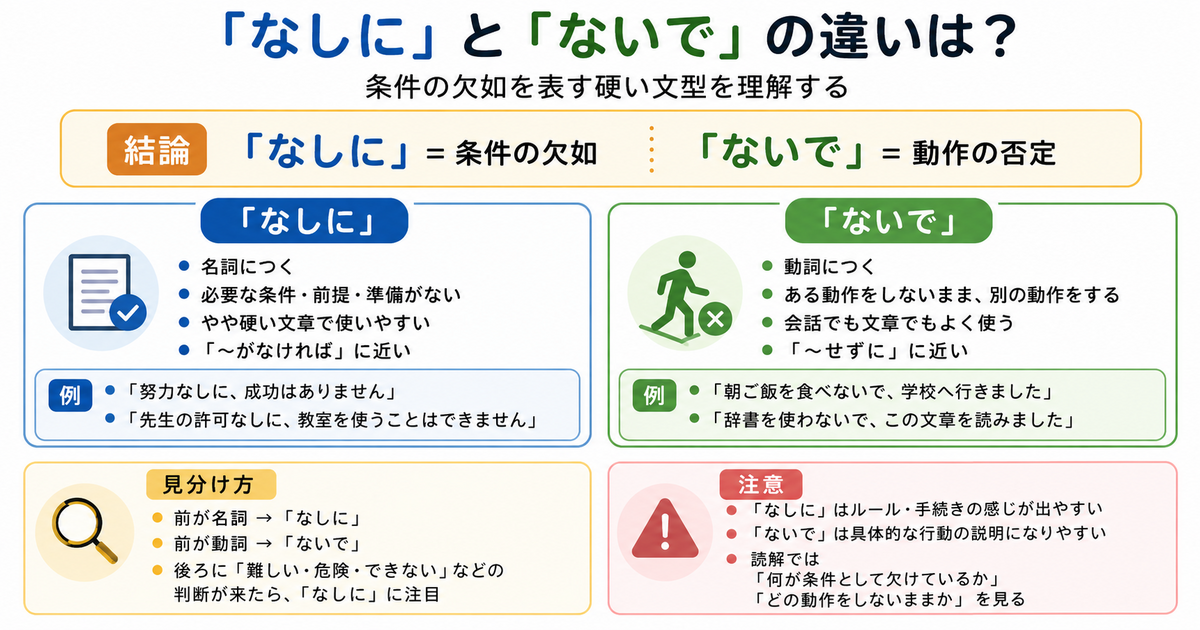 「なしに」和「ないで」有什么区别？理解表示“缺少条件”的正式句型
