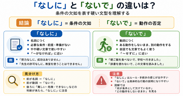 「なしに」和「ないで」有什么区别？理解表示“缺少条件”的正式句型