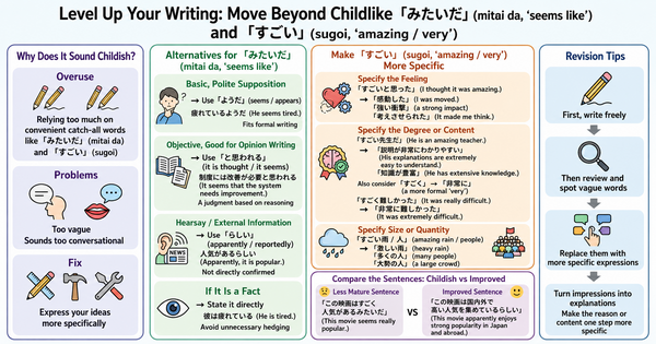 What Expressions Make Japanese Essays Look Childish? Moving Beyond 「みたいだ」 and 「すごい」
