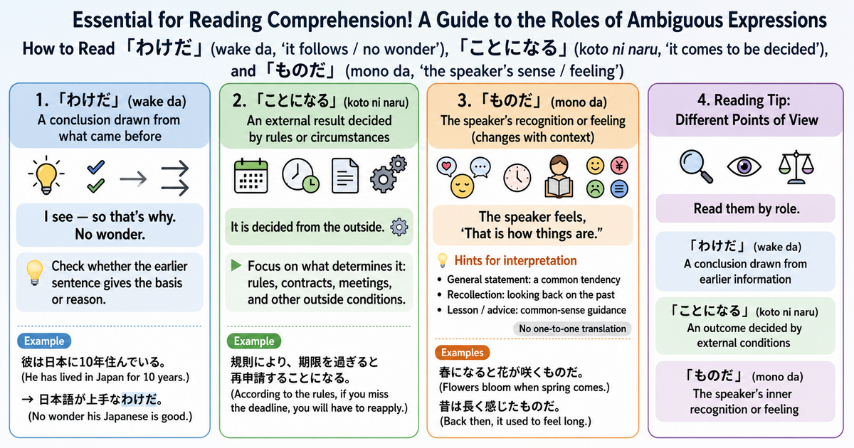 Common Ambiguous Expressions in Reading: How Should You Read 「わけだ」「ことになる」「ものだ」?