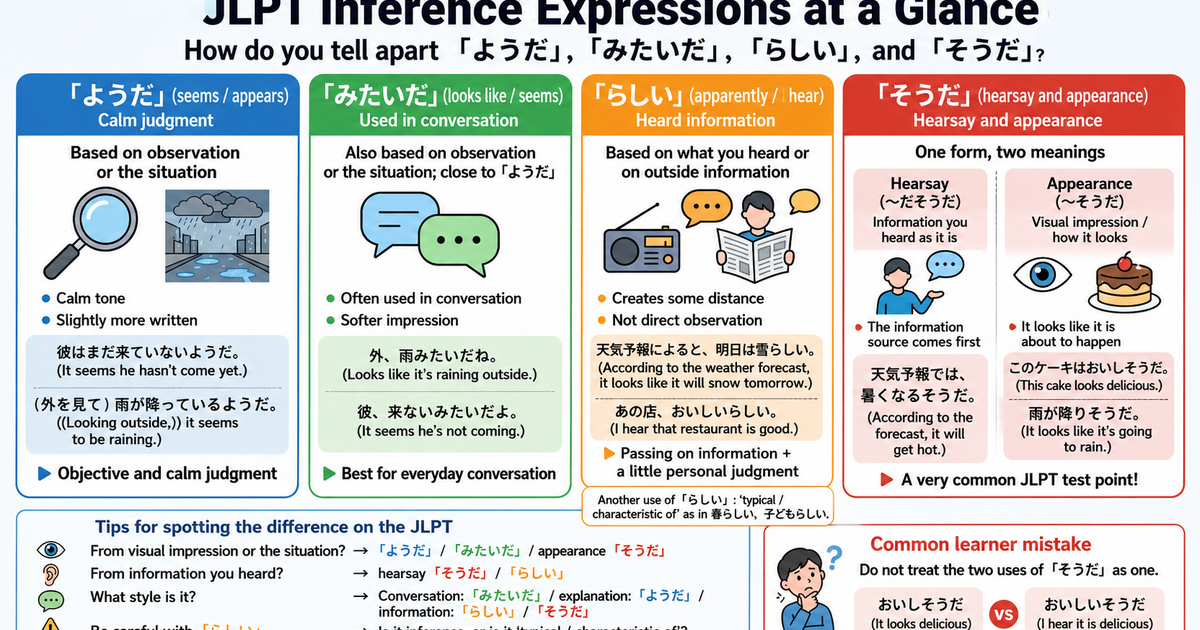 Common JLPT Expressions of Guessing and Appearance: How Do You Use "ようだ", "みたいだ", "らしい", and "そうだ" Correctly?