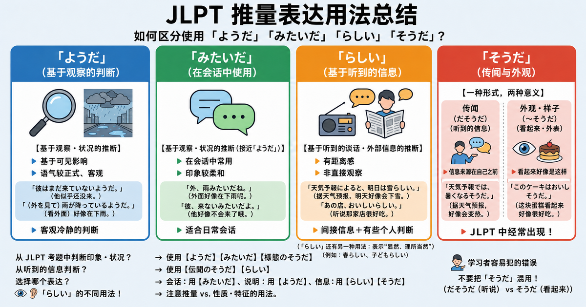 JLPT中常常让人犹豫的推量表达总结：“ようだ”“みたいだ”“らしい”“そうだ”到底该怎么区分？