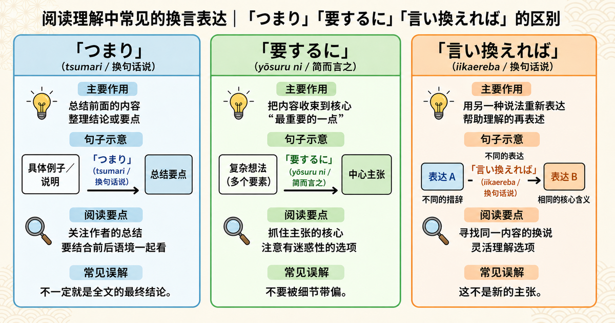 JLPT阅读中常见的换说法表达总结：“つまり”“要するに”“言い換えれば”该怎么理解？