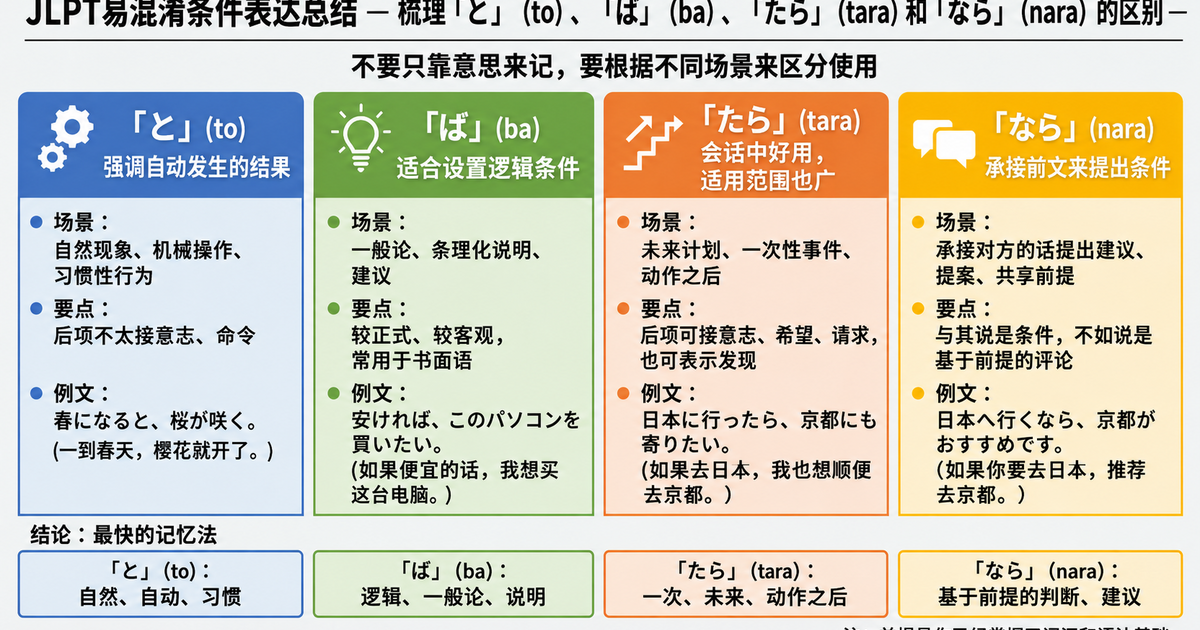 JLPT中容易混淆的条件表达总结：整理「と」「ば」「たら」「なら」的区别