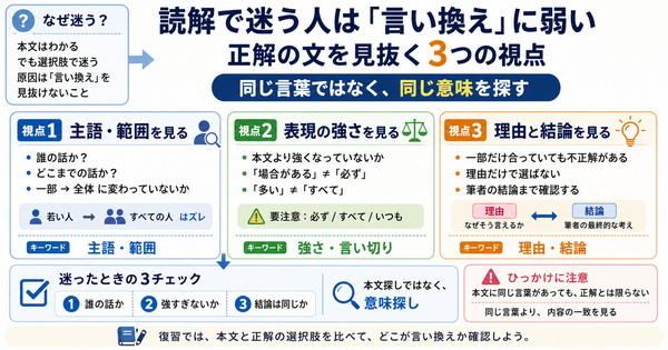読解で迷う人は「言い換え」に弱い。正解の文を見抜く3つの視点
