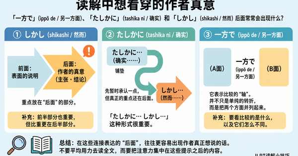 在JLPT阅读中看懂筆者の本音（作者真正想说的话）：「一方で」（另一方面）「たしかに」（的确）「しかし」（但是）后面会出现什么？