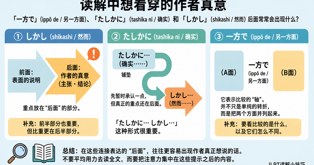 在JLPT阅读中看懂筆者の本音（作者真正想说的话）：「一方で」（另一方面）「たしかに」（的确）「しかし」（但是）后面会出现什么？