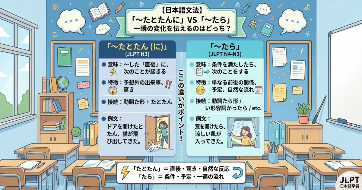 【JLPT N3】「〜たとたんに」：一瞬の変化を逃さない！意味・使い方・「〜たら」との違い