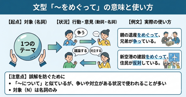 「～をめぐって」の意味と使い方｜議論・対立・うわさの中心を表すN2文型