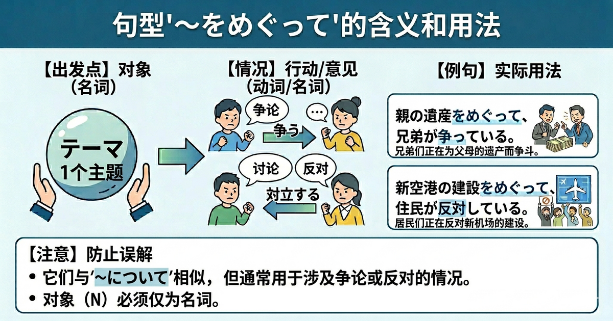 N2语法「～をめぐって」的意思和用法｜表示围绕某个话题展开讨论、对立或传闻