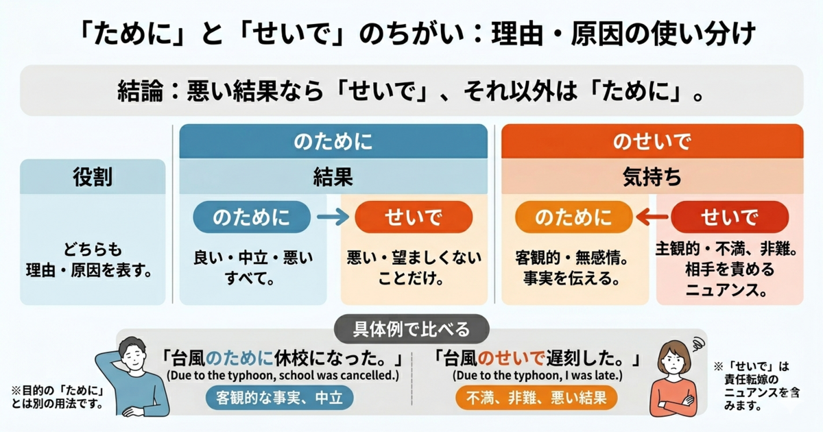 「ために」と「せいで」の違いは？