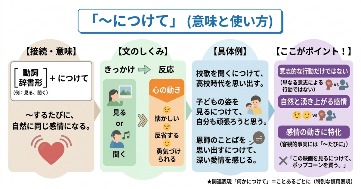 「～につけて」の意味と使い方｜何かをきっかけに、いつも同じ気持ちになる文型