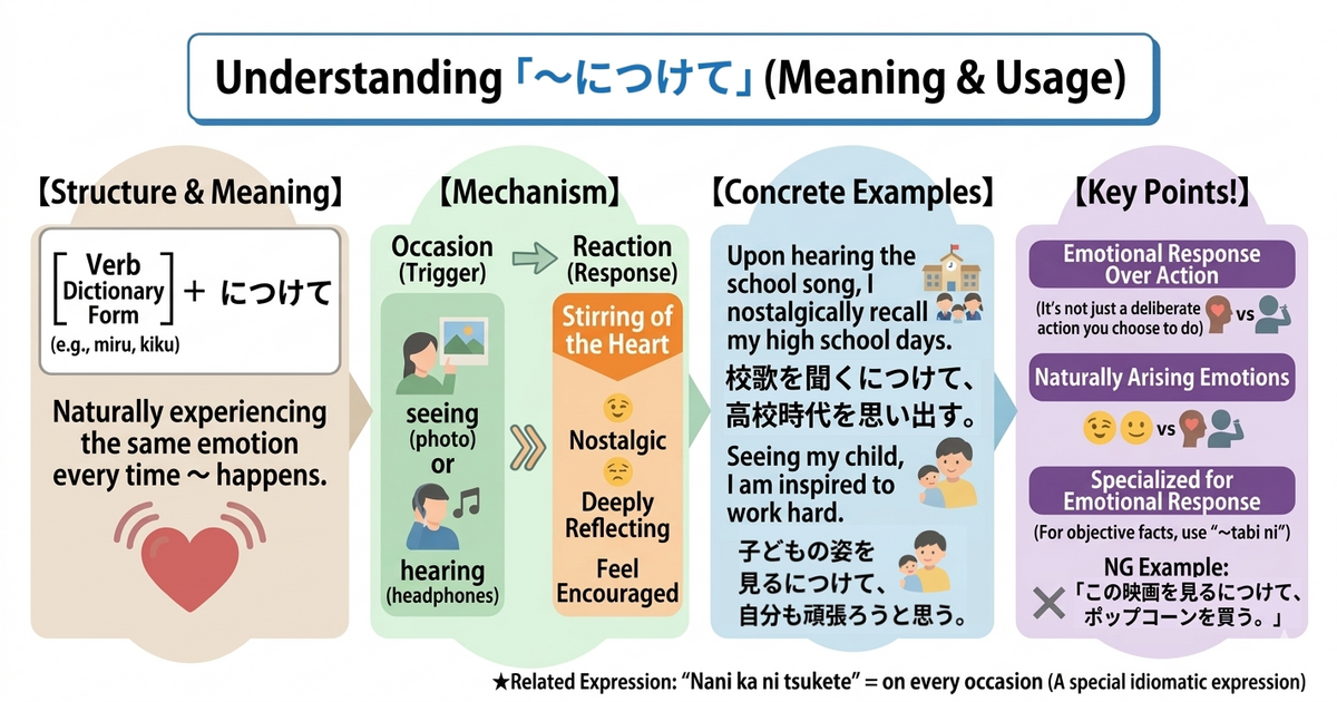 Meaning and Usage of 「～につけて」｜A Grammar Pattern for Feelings That Arise Every Time Something Happens