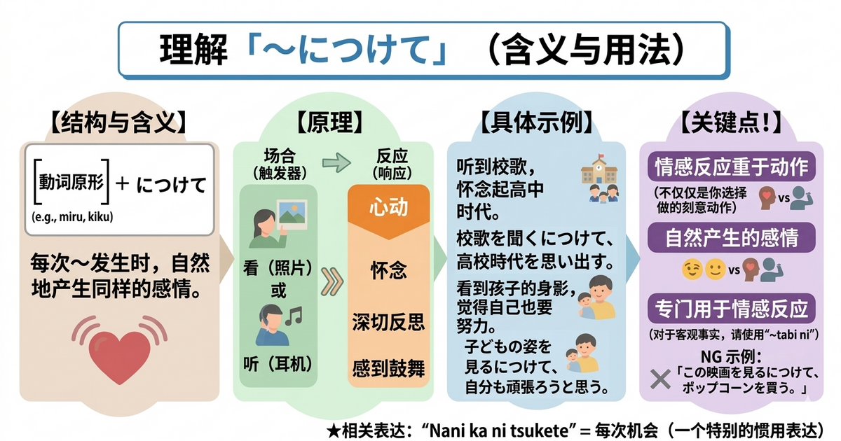 「～につけて」是什么意思？｜表示“每次都会产生同样感受”的日语句型