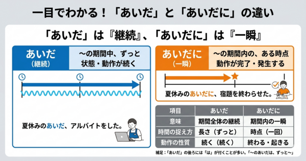 「あいだ」と「あいだに」の違いは？時間の続き方と「その間の1回」をつかもう