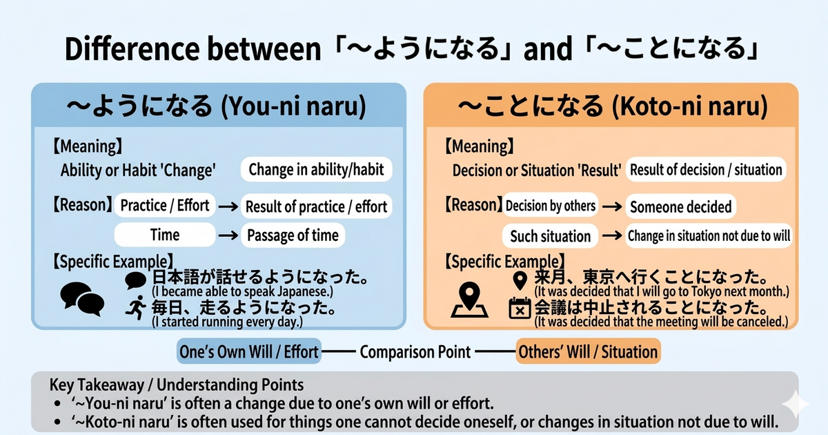 「ようになる」, 「こ, になる」: Key Differences