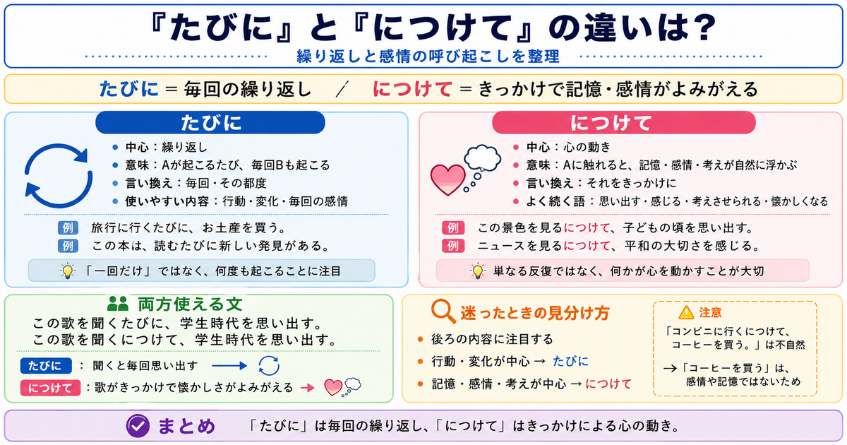 「たびに」と「につけて」の違いは？繰り返しと感情の呼び起こしを整理