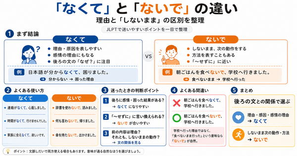 「なくて」と「ないで」の違いは？理由と並行動作の区別を整理