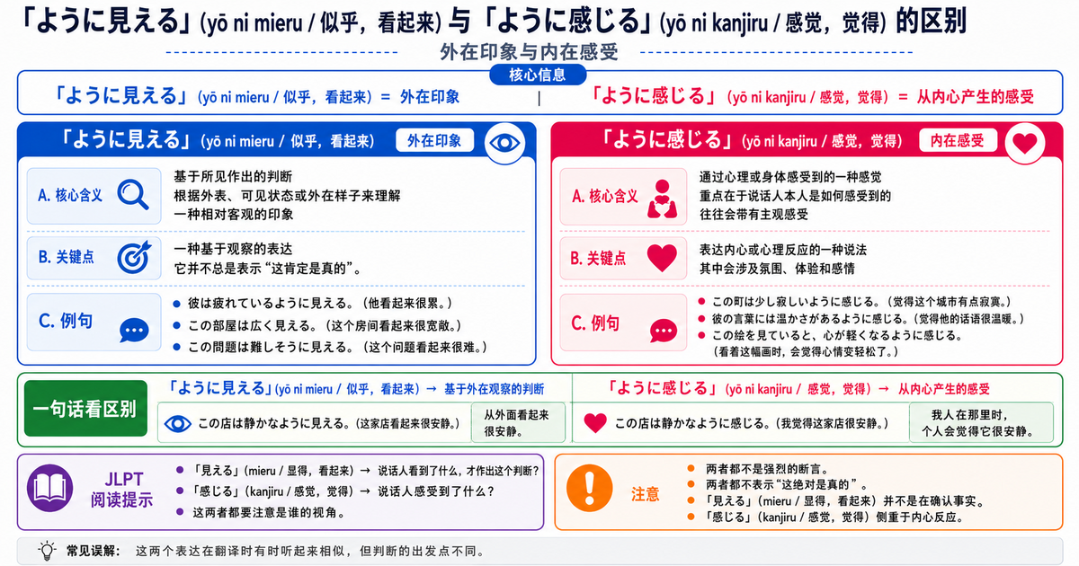 「ように見える」和「ように感じる」有什么区别？外在印象与内心感受的差别