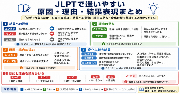 JLPT原因・理由・結果表現の全体マップ｜理由から結果までを流れで整理