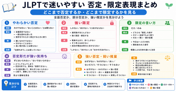JLPT否定・限定表現の全体マップ｜否定と限定を学習順に整理
