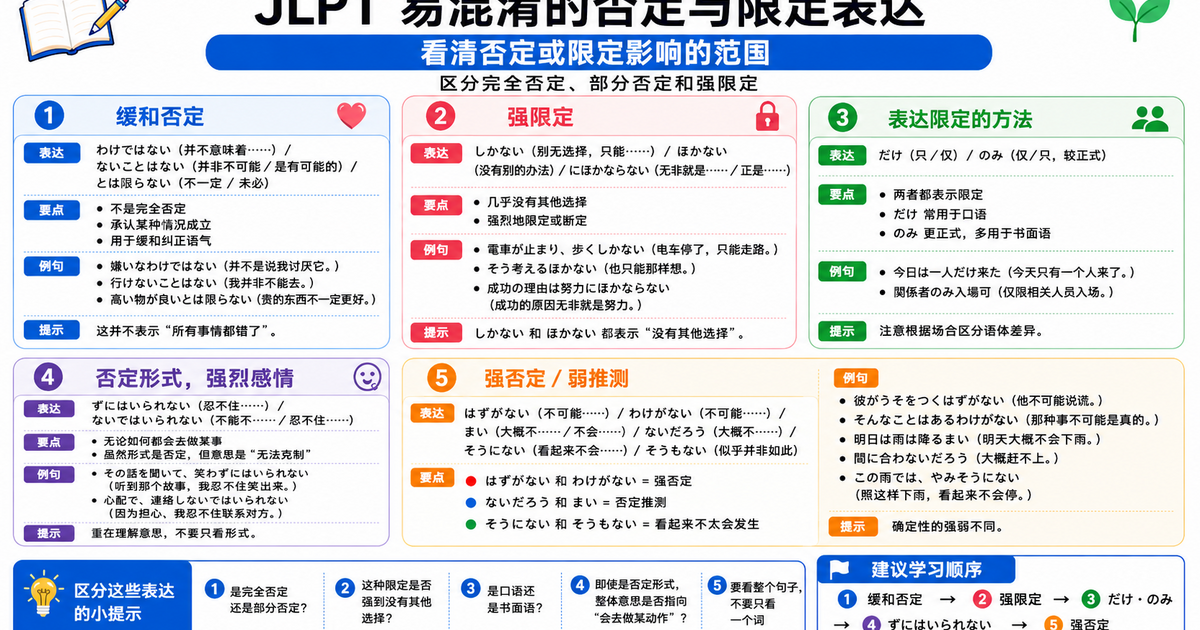 JLPT否定与限定表达总览：按学习顺序整理