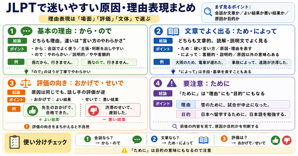 JLPTで迷いやすい原因・理由表現まとめ
